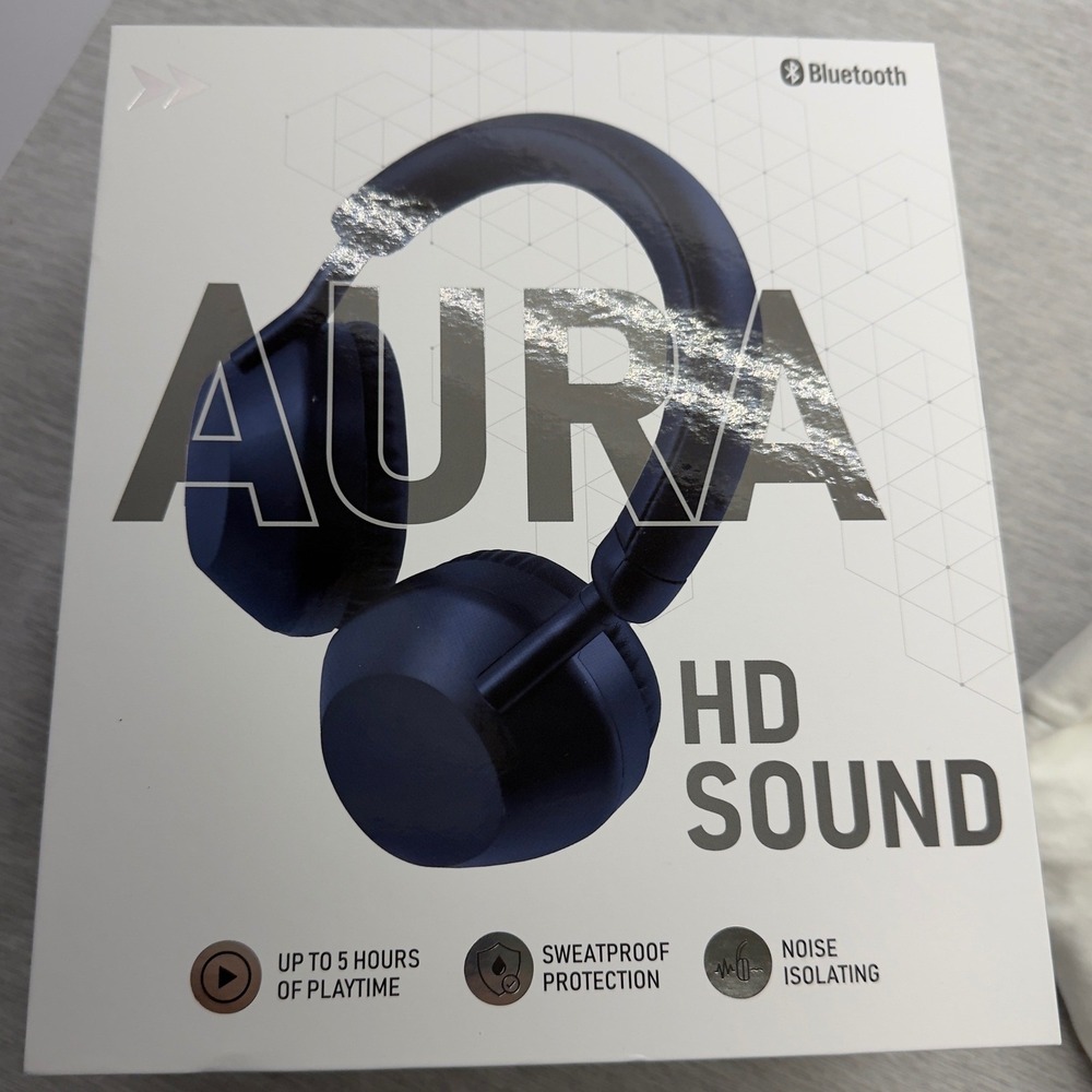 Aura HD Sound Wireless Bluetooth Headphones Navy Blue Sweatproof Noise Isolating
